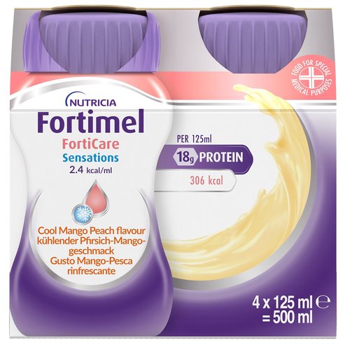Nutricia Fortimel Forticare Sensations 2,4 kcal/ml Mango/Peach Перорален хранителен продукт, богат на протеини, минерали & микроелементи за справяне с проблеми на недохранване & малнутриция, свързани със заболяване, вкус манго праскова 4x125ml