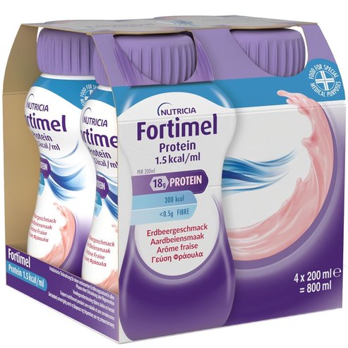 Nutricia Fortimel Protein 1,5 kcal/ml Strawberry Питейна хранителна формула, богата на протеини, минерали & микроелементи за справяне с проблеми на недохранване & малнутриция, свързани със заболяване, с вкус ягода 4x200ml