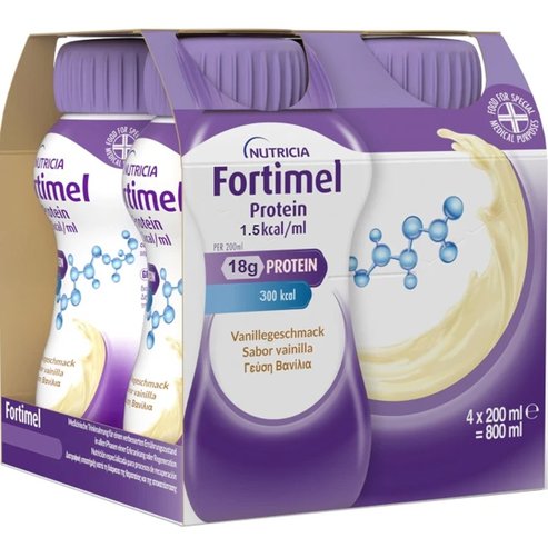 Nutricia Fortimel Protein 1.5 kcal/ml Vanilla 4x200ml,Питейна хранителна формула, богата на протеини, минерали & микроелементи за справяне с проблеми на недохранване & малнутриция, свързани със заболяване, с вкус ванилия
