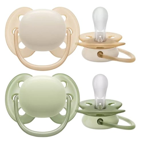 Philips Avent Ultra Soft Silicone Soother 0-6m Ортодонтска силиконова залъгалка с мек и гъвкав предпазител за по-малко раздразнения на кожата 2 броя, Код SCF091/05 - Бежово - Тъмнозелено