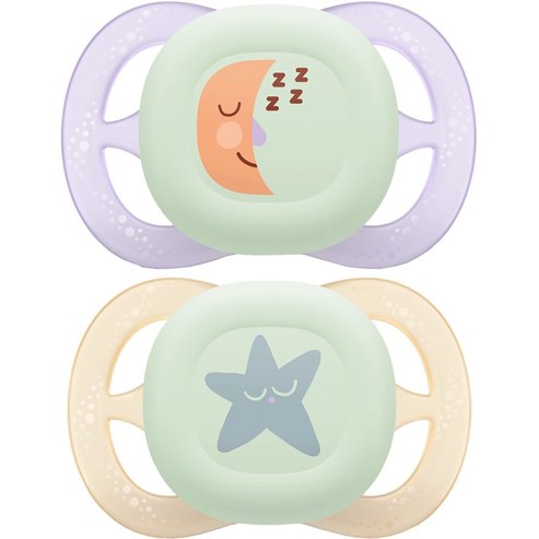 Philips Avent Ultra Start Nighttime Silicone Orthodontic Soother 0-2m, 2 части - лилаво / жълто