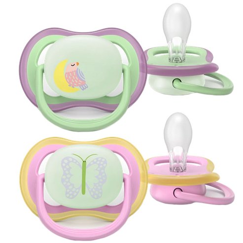 Philips Avent Ultra Air Nighttime Silicone Soother 6-18m Κωδ SCF376/29, 2 Τεμάχια Λαχανί - Ροζ