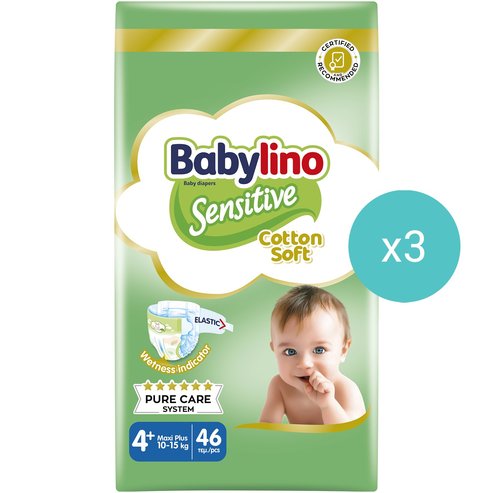 Babylino Комплект Sensitive Cotton Soft Maxi Plus Νο4+ (10-15kg) 138 бр (3x46 бр)