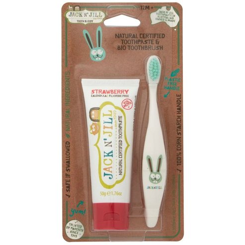 Jack n’ Jill Natural Certified 6m+ Toothpaste Strawberry 50g & Kids Bio Toothbrush Extra Soft Четка за зъби Зайче 1 Брой