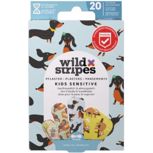 Wild Stripes Kids Sensitive Хипоалергенни лепящи детски пластири за покриване и защита на малки рани, нежни към кожата за оптимално заздравяване, 20 броя