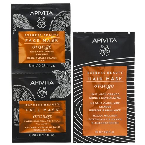 Apivita Подарък Express Beauty Face Mask Orange Маска за лице с портокал 2x8 мл и маска за коса Портокалов блясък и ревитализираща маска за коса 20ml