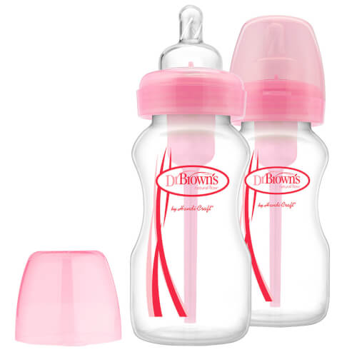 Dr. Brown\'s Natural Flow Options Бебешки шишета с широко гърло & силиконов биберон, розов цвят​​​​​ 2x270ml WB 92305