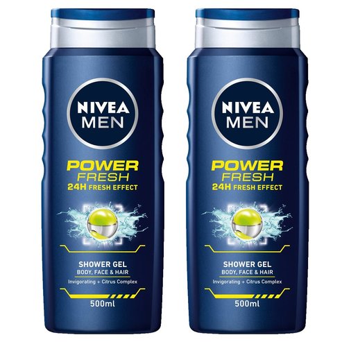 Nivea Men Shower Gel Power Fresh Душ гел за тяло, лице и коса 2x500ml 1 + 1 Подарък