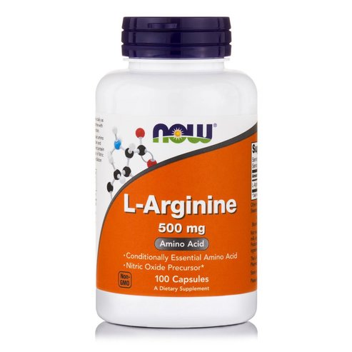 Now Foods L-Arginine 500mg Хранителна добавка с аргинин, която допринася за производството на енергия в мускулите 100 caps