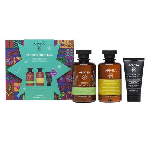 Apivita Nature\'s Greetings Tonic Mountain Tea Shower Gel 250ml,Frequent Use Gentle Daily Shampoo 250ml &Black Detox Cleans. 50ml