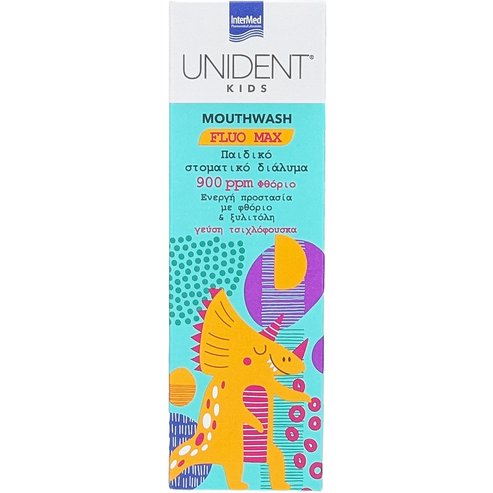 Intermed Unident Kids Fluo Max Mouthwash Детска вода за уста за интензивна грижа с прекрасен вкус на дъвка балон 250ml