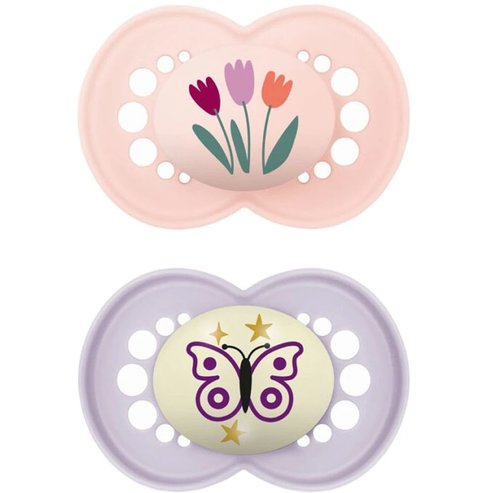 Mam Day & Night Silicone Soother 16m+ 2 Τεμάχια - Ροζ / Λιλα