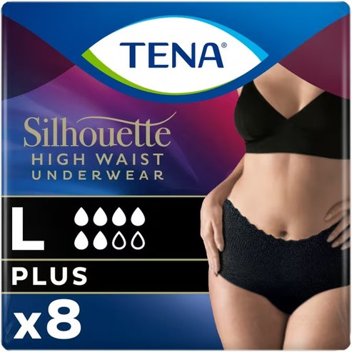 Tena Silhouette Plus Black Underwear Бельо с висока талия за умерена до тежка инконтиненция в черно, 8 бр - Large