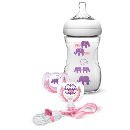 Avent Подаръчен комплект: 1 естествена бутилка 260 мл, 2 залъгалки 6-18 м, 1 щипка за залъгалка - розов / лилав дизайн SCD628/01