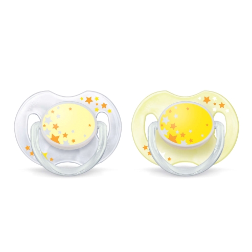 Avent Силиконова нощна ортодонтска залъгалка 0-6 месеца Жълта / Прозрачна 2 броя SCF176/18