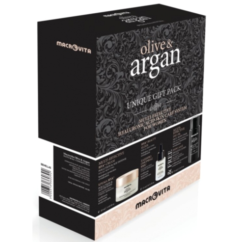 Macrovita мултиефикасен крем HYA с маслина и арган 50мл, разкрасителен еликсир HYA 15мл и подарък мултиефикасно сухо олио 75мл