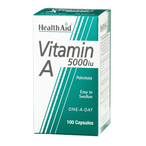 Health Aid Витамин  A (Palmitate) 5000 i.u Тя помага при създаването на възможно клетъчната мембрана 100 капсули