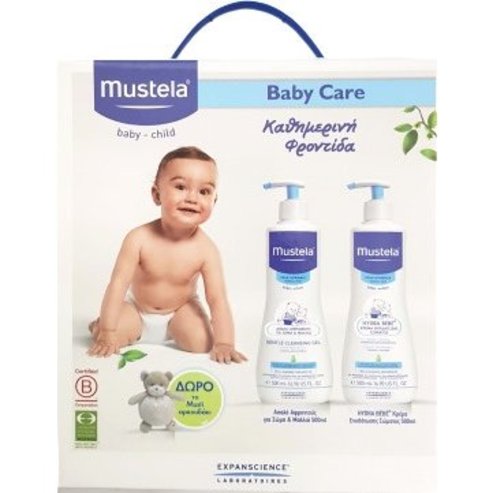 Mustela Baby Care Pack Gentle Cleansing Gel 500ml+ Hydra Bebe 500ml +Musti Teddy Bear като подарък