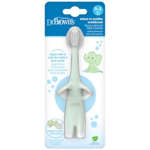 Dr Brown\'s Infant To Toddler 0-3 Years Toothbrush Бебешка четка за зъби с меки силиконови влакна за първите зъбки & венците на бебето 1 брой - Мента Слонче