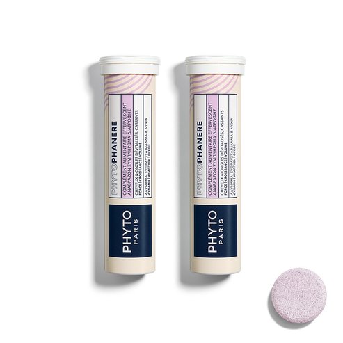 Phyto Phytophanere Хранителна добавка с витамини, минерали и екстракт от коприва за сила, растеж и обем при слаба, чуплива коса и нокти с вкус на малина и боровинка. 30 Effer.tabs (2x15 Effer.tabs)