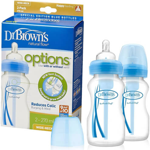 Dr. Brown\'s Natural Flow Options Бебешки шишета с широко гърло & силиконов биберон, син цвят 2x270ml WB 92405