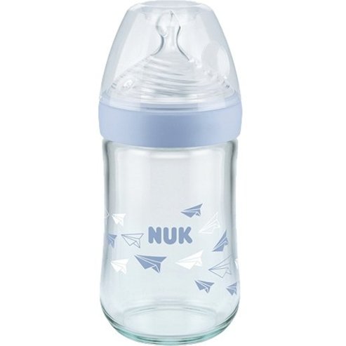 Nuk Nature Sense Стъклена бутилка със силиконов отвор за зърна 1 (0-6 месеца) Средна дупка за мляко 240ml - светло синьо