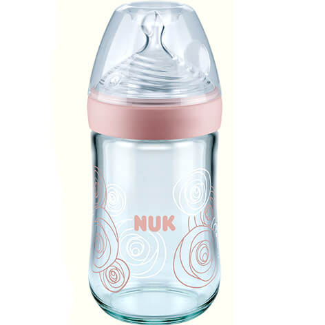 Nuk Nature Sense Стъклена бутилка със силиконов отвор за зърна 1 (0-6 месеца) Средна дупка за мляко 240ml - розово