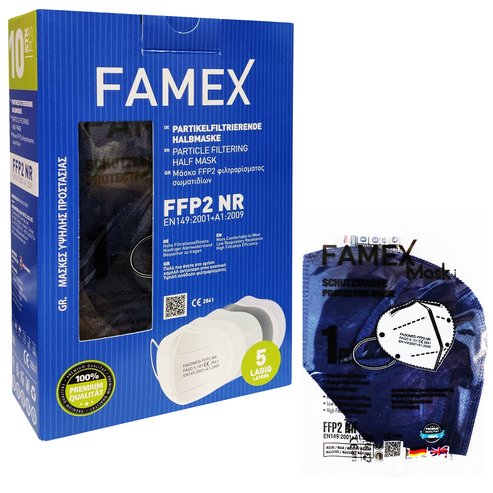 Famex Mask Еднократни защитни маски FFP2 NR KN95 в тъмно син цвят 10 бр