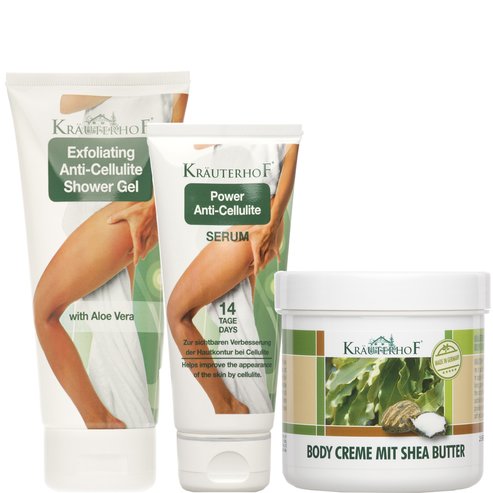 Krauterhof PROMO PACK Exfoliating Anti-Cellulite Shower Gel with Aloe Vera 200ml, Power Anti-Cellulite Serum 100ml & Подарък Body Cream with Shea Butter 250ml