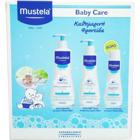 Mustela Baby Care Gentle Cleansing Gel 500ml, лосион за тяло Body Lotion 300ml, подаръциMulti-Sensory Bubble Bath 200ml