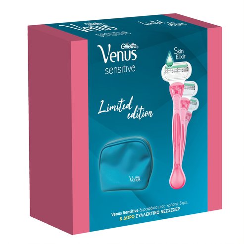 Gillette Limited Edition Venus Sensitive Дамски бръсначи за еднократна употреба 3 броя и тоалетни принадлежности за подаръци