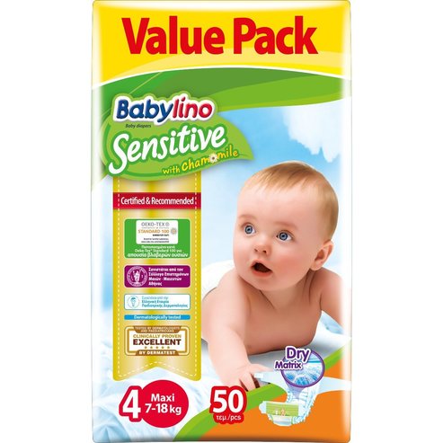 Babylino Sensitive Value Pack Maxi Νο4 (7-18kg) Бебешки пелени 50 бр