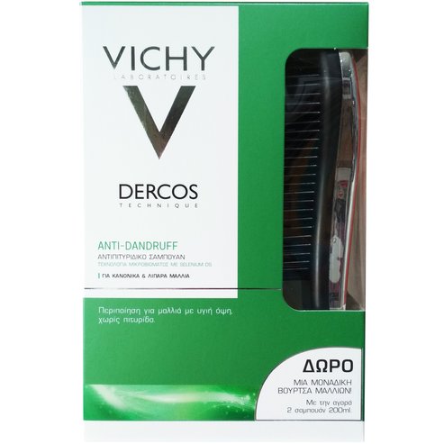 Vichy Промо комплект Dercos Shampoo Anti-Dandruff Normal-Oily Шампоан против пърхот за нормална-мазна коса 2x200ml&Четка за коса