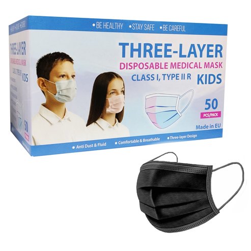 Kid\'s Three Layer Disposable Black Medical Mask, Class I, Type IIR, 5x10 Парчета