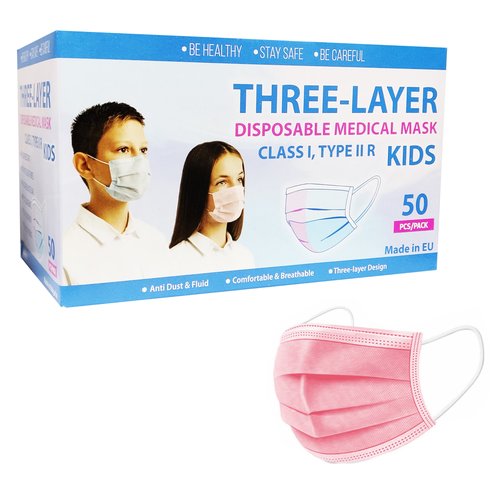 Kid\'s Three Layer Disposable Pink Medical Mask, Class I, Type IIR, 5x10 броя