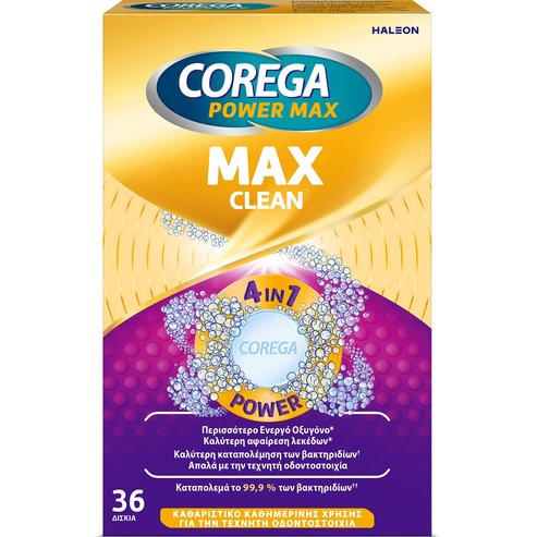 Corega Power Max Clean 4in1 Power Таблетки за почистване на протези с по-активен кислород за по-ефективно премахване на петна и бактерии 36 таблетки