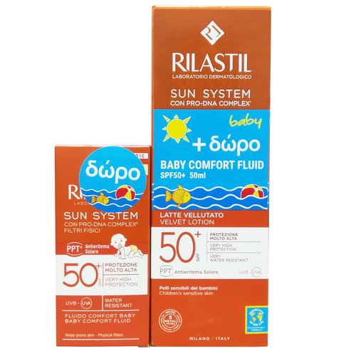 Rilastil PROMO PACK Sun System Baby Velvet Lotion Spf50+, 200ml & Подарък Baby Comfort Fluid Spf50+, 50ml