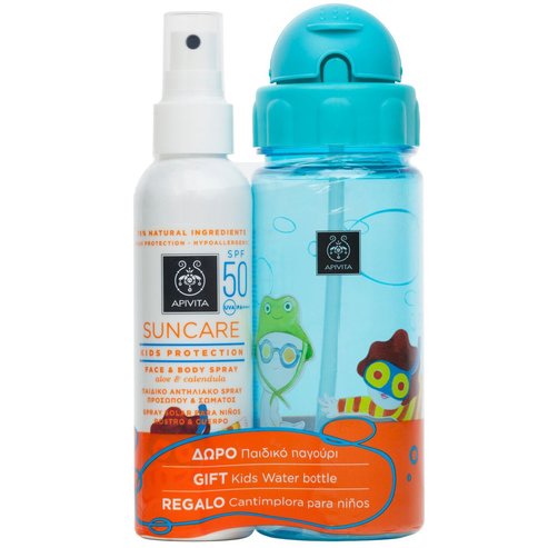 Пакет за оферта Apivita Слънцезащитни продукти за деца Спрей за лице и тяло Spf50 с алое и невен 150 мл и подарък Baby Hermit