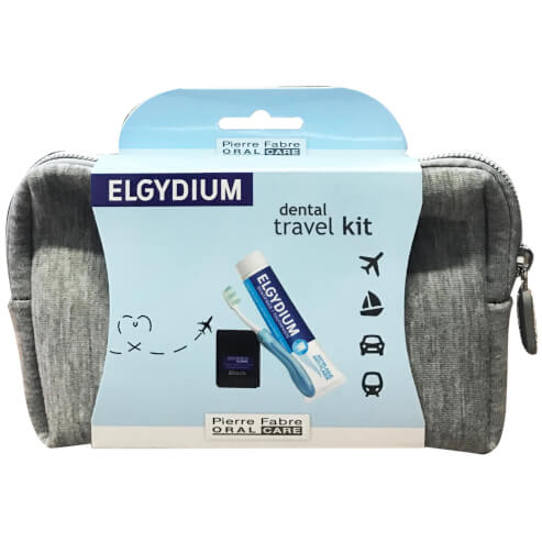 Elgydium Dental Travel Kit Комплект за пътуване с четка за зъби, паста за зъби, конец и тоалетни принадлежности в сив цвят