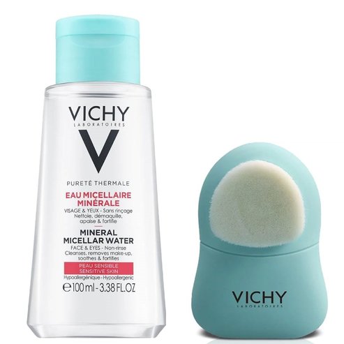 Vichy Подарък Purete Thermale Mineral Мицеларна вода за лице и очи 100 мл и почистващ инструмент Четка за почистване на лице в произволен избор на цвят 1 брой