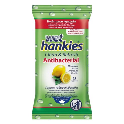 Wet Hankies Antibacterial Lemon Алкохолни антибактериални кърпички 15бр.
