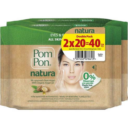 Pom Pon Promo Natura Make-Up Removing Towelettes Мокри кърпички за премахване на грим с арганово масло, подходящи за всеки тип кожа 40 броя (2x20 броя)