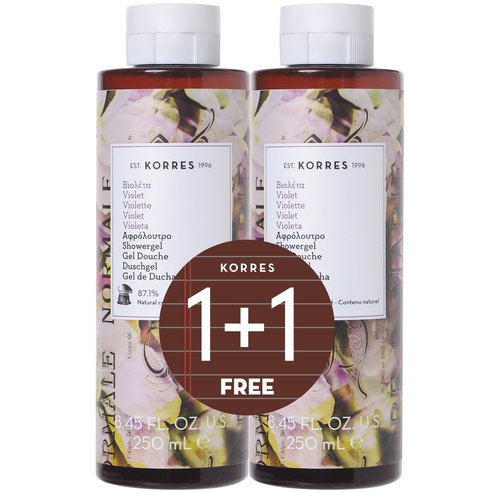 Korres Промо опаковка Shower Gel Violet Душ гел със сладък пудрен аромат на виолетка и с нежни плодови нотки 2x250ml 1+1 Подарък
