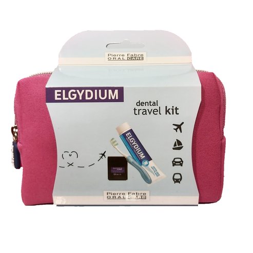 Elgydium Dental Travel Kit Комплект за пътуване с четка за зъби, паста за зъби, конци и тоалетни принадлежности в розов цвят