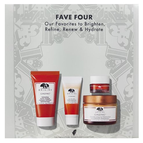 Origins Promo Fave Four Ginzing Refreshing Scrub Cleanser 30ml, Into the Glow Brightening Serum 15ml, Eye Cream To Brighten & Depuff 5ml & Glow Boosting Gel Moisturizer 50ml