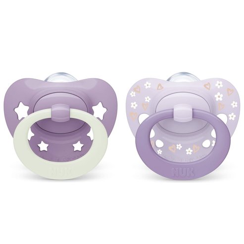 Nuk First Choice Classic Day & Night Silicone Soother 6-18m Ортодонтска силиконова залъгалка, 2 броя - лилава - лилава